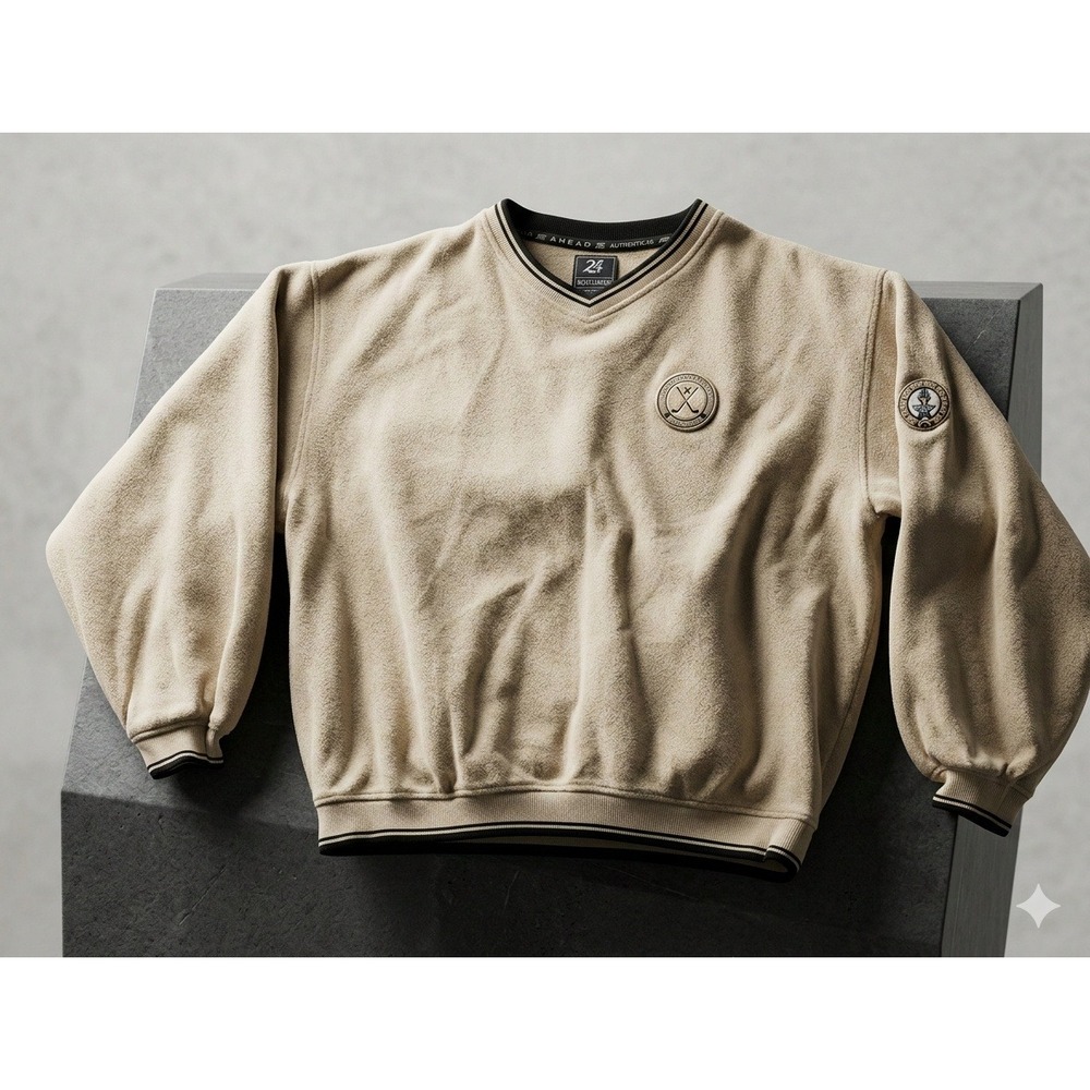 Ahead Authentics PGA Tan with Blue Trim Pullover Long Sleeve Sweatshirt. Size M